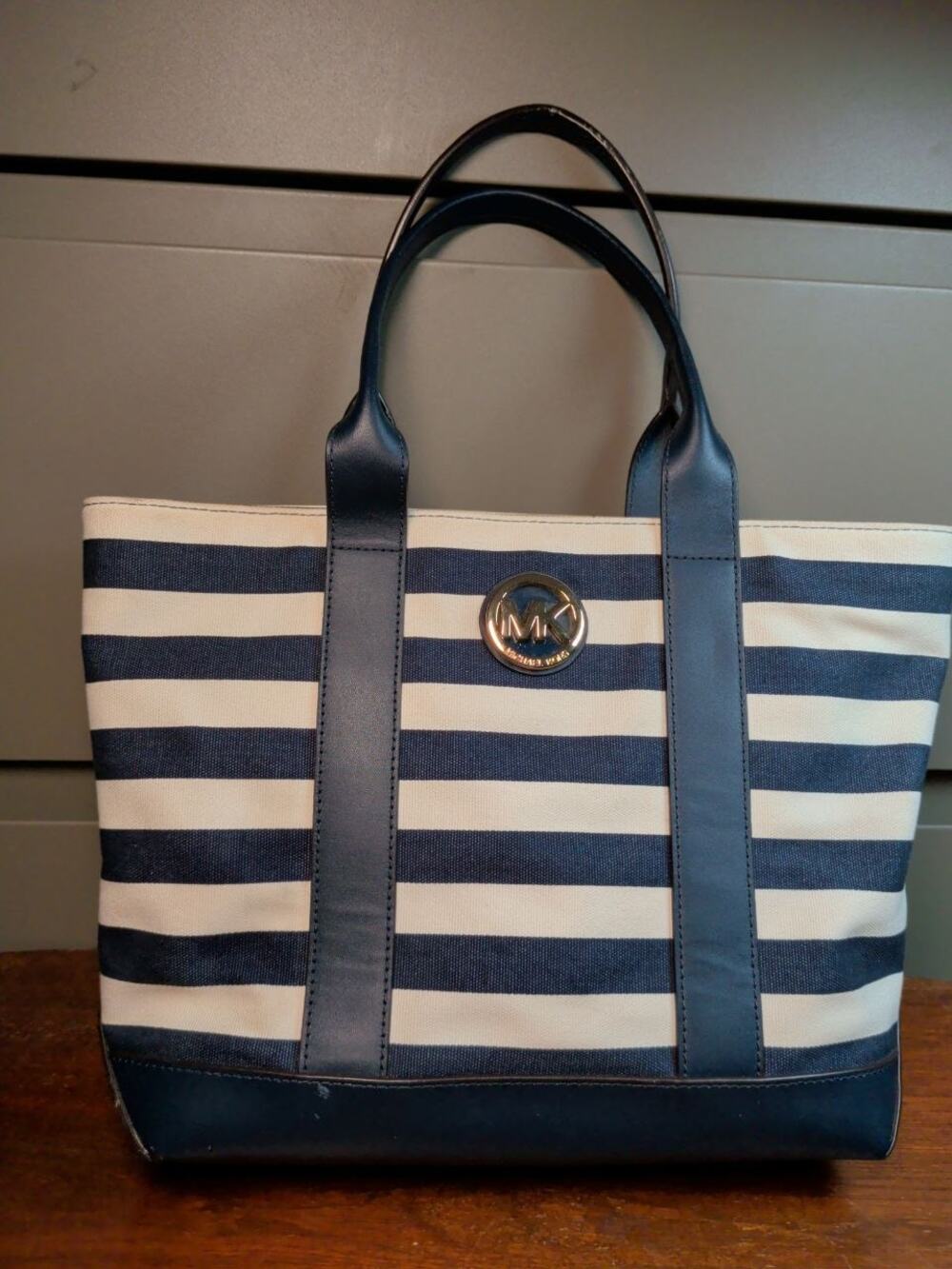 Michael Kors Blue White Striped Canvas Tote Bag Leather Trim Shoulder Handbag